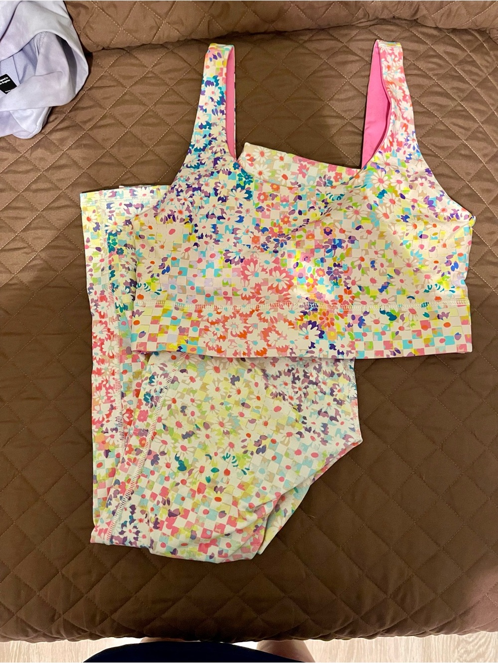 Fabletics Floral Checkerboard Sports Bra and Leggings Set